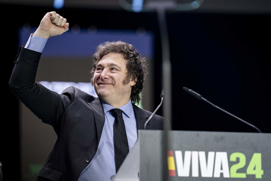 El presidente de Argentina, Javier Milei, interviene durante el acto ‘Viva 24’ de VOX, en el Palacio de Vistalegre.