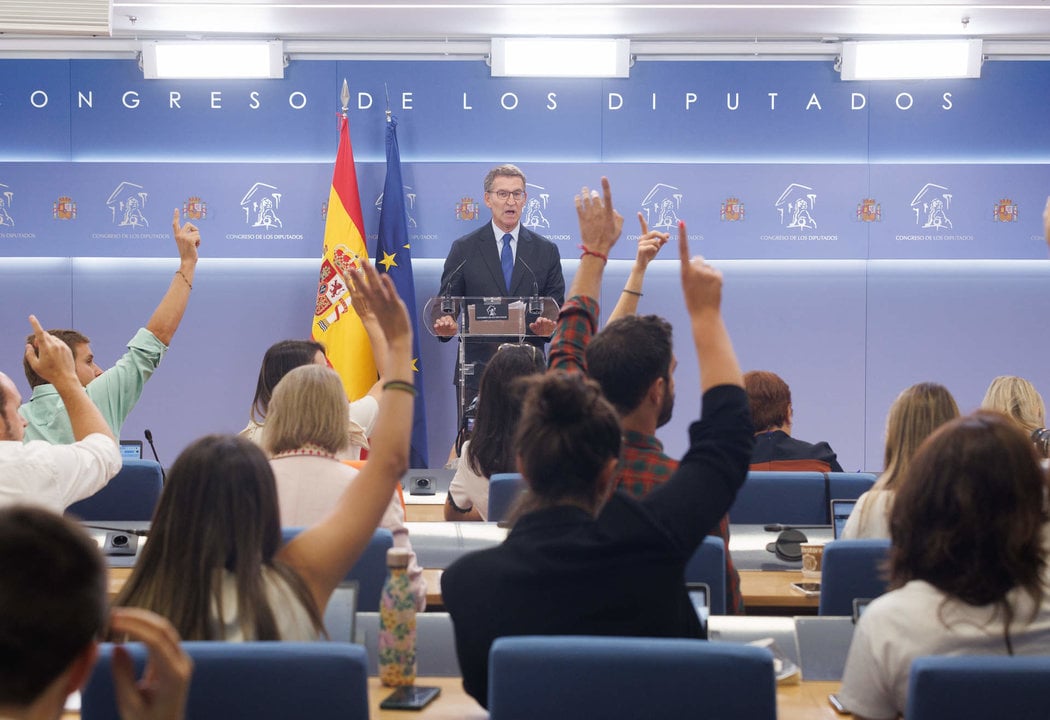 El presidente del PP, Alberto Núñez Feijóo, durante una rueda de prensa celebrada en el Congreso de los Diputados (Foto: Eduardo Parra / Europa Press)