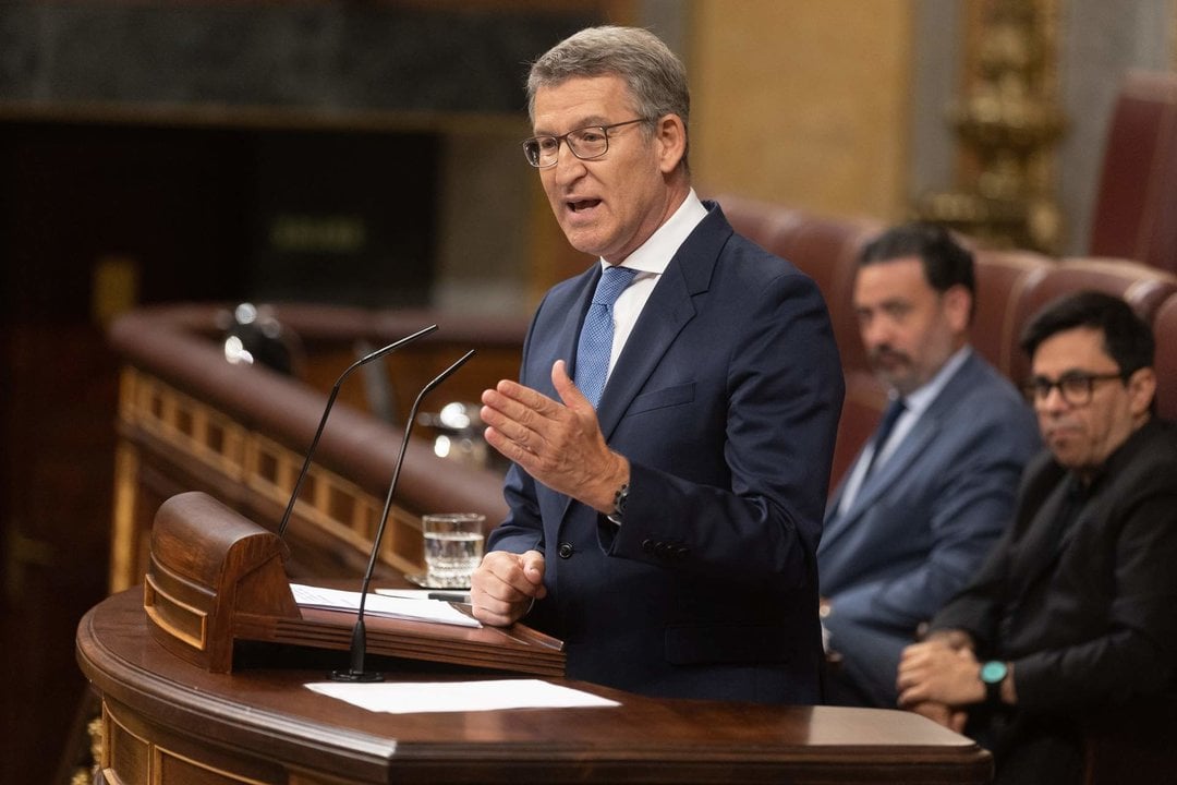 El presidente del Partido Popular, Alberto Núñez Feijóo, interviene durante una sesión extraordinaria en el Congreso de los Diputados, a 17 de julio de 2024, en Madrid.
