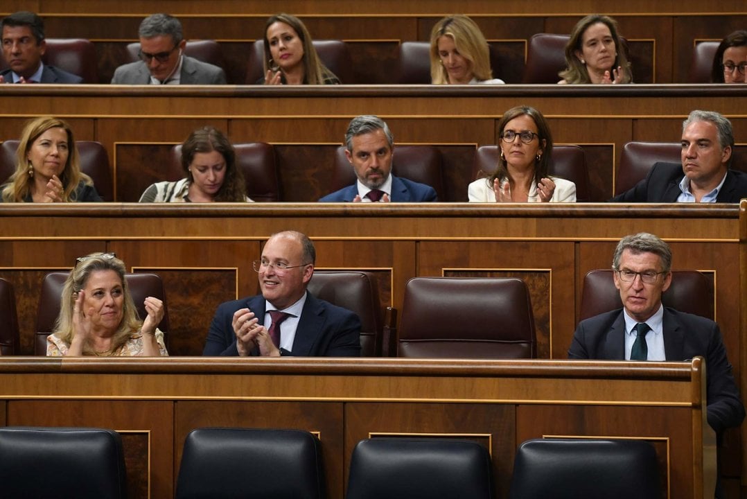 El portavoz del PP en el Congreso, Miguel Tellado (c) y el presidente del Partido Popular, Alberto Núñez Feijóo (d), durante una sesión plenaria extraordinaria, en el Congreso de los Diputados, a 23 de julio de 2024, en Madrid.