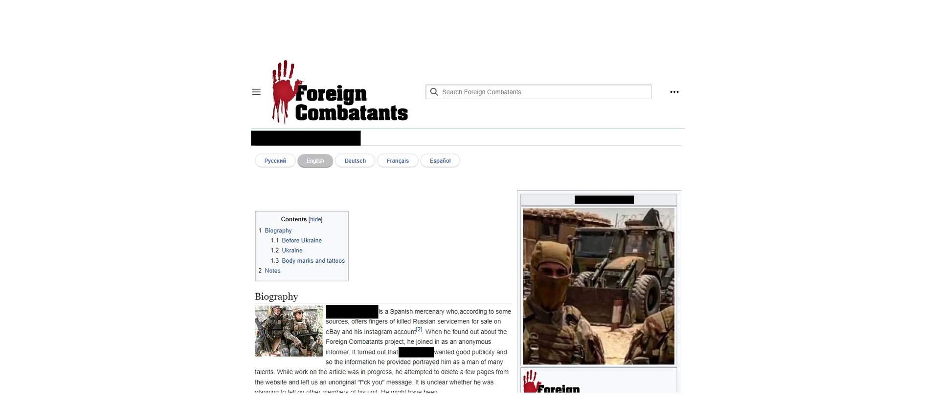 Una de las webs rusas que difunden datos de un español que combate en Ucrania.