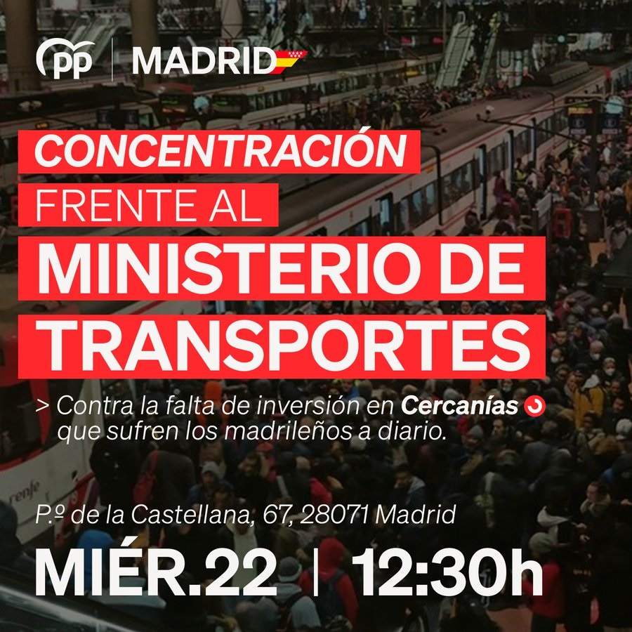 PP de Madrid llama a concentrarse este miércoles frente al Ministerio de Transportes para pedir mejoras en Cercanías