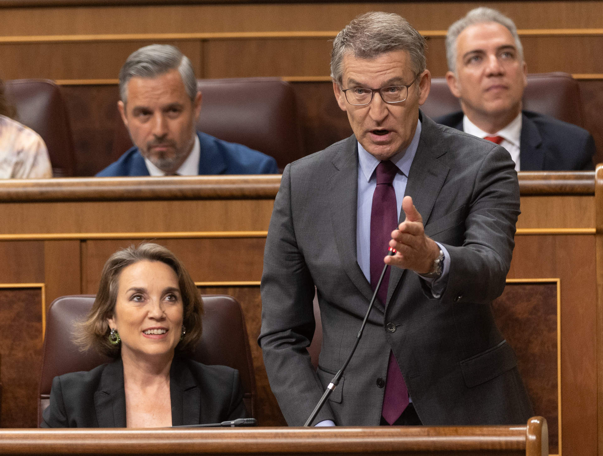 El presidente del PP, Alberto Núñez Feijóo, interviene durante una sesión de control al Gobierno.
