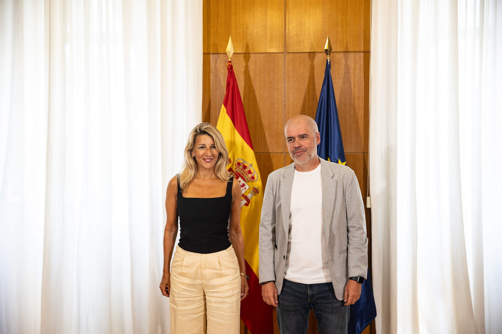 La vicepresidenta segunda del Gobierno, Yolanda Díaz, y el secretario general de CCOO, Unai Sordo, en el encuentro que han celebrado el lunes 2 de septiembre.