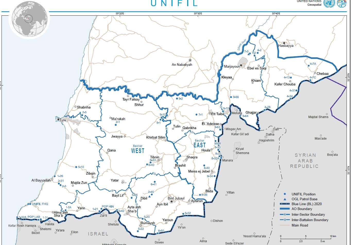 Mapa de los sectores de UNIFIL.